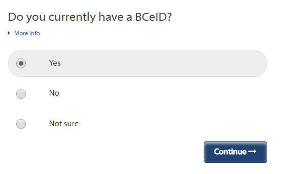 BCeID Option screen shot